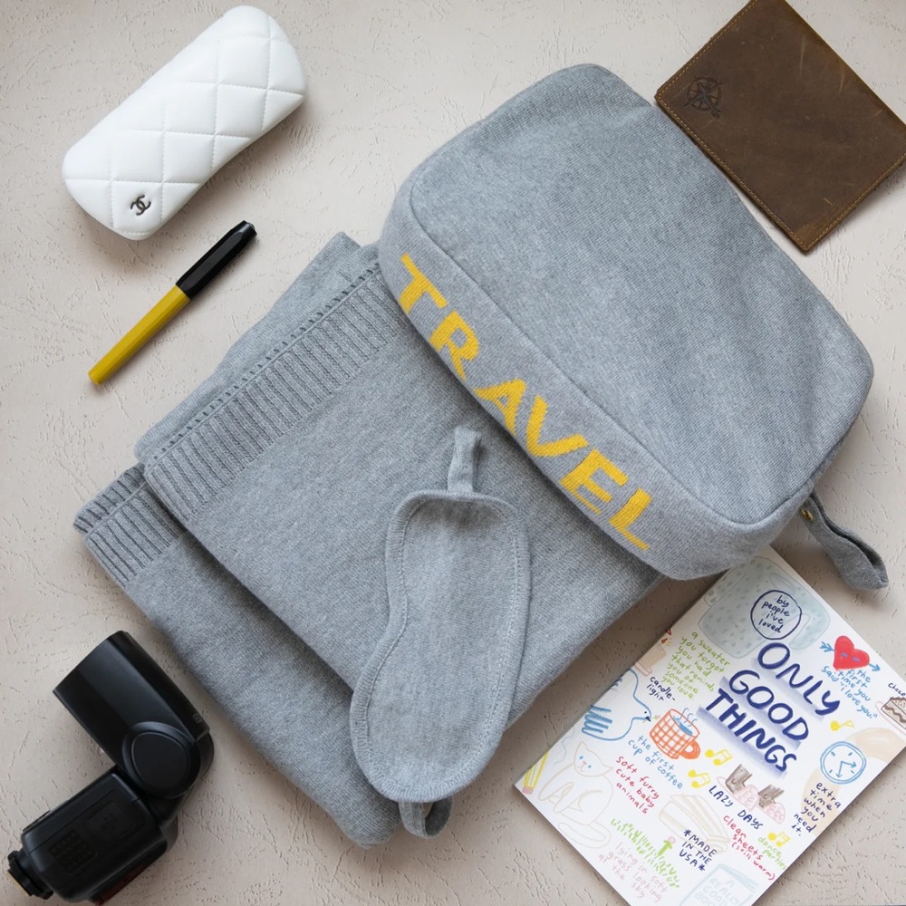 Travel Knit Throw Blanket with Eye Mask - Gray